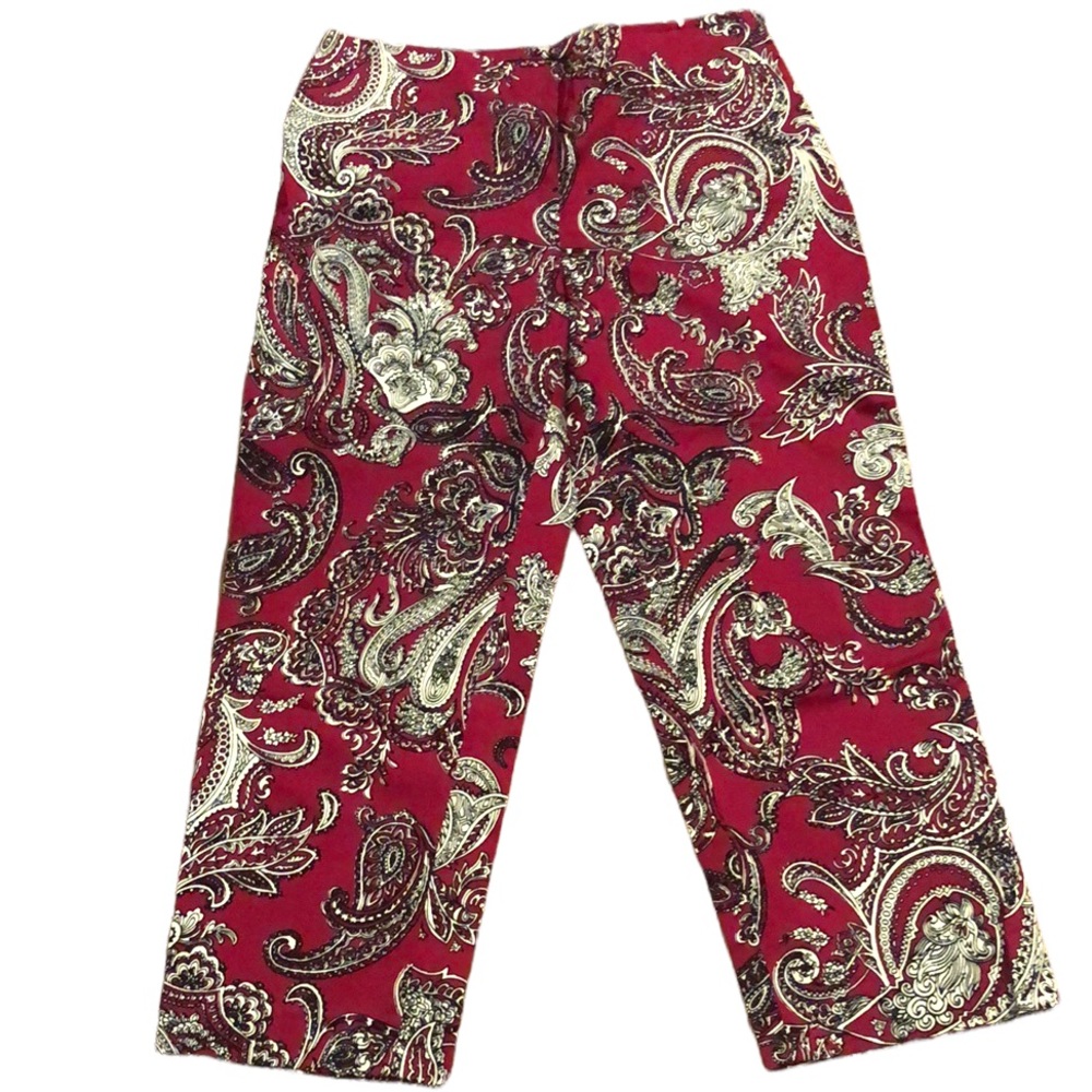 TALBOTS PAISLEY PRINT CROPPED PANTS FUCHSIA BLACK WHITE SIZE 8P